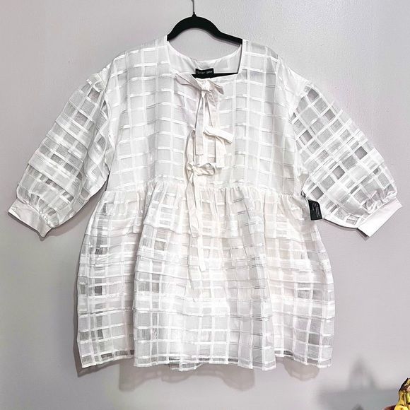 NWT Sister Jane Mini Ivory White Smock Dress w/ Front Bow in Sheer Organza - Picture 1 of 16